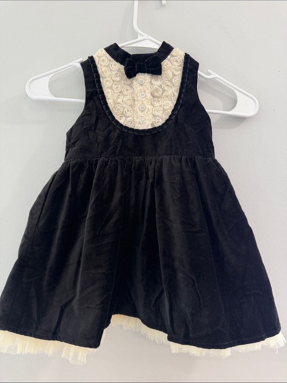 Girls' Black Velvet Formal Dress with Cream Rosette Bib